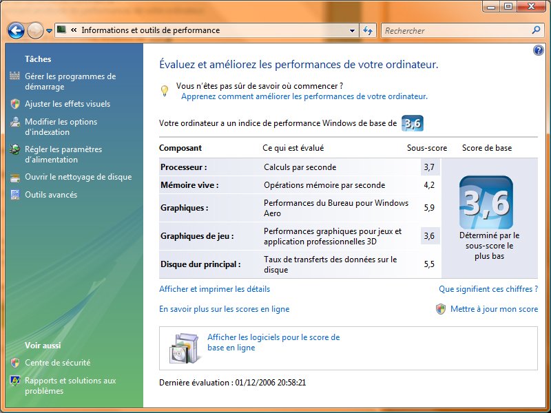 Quel indice de perfomance pour votre machine avec WINDOWS VISTA